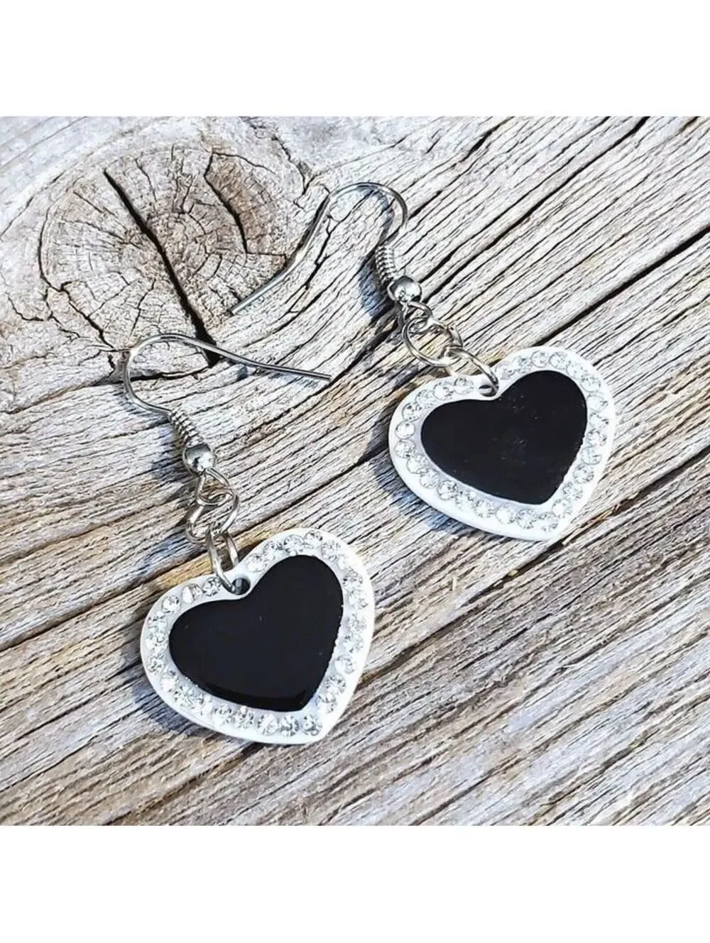 Vintage Y2K White Black Lucite Austrian Crystal Dangly Heart Earrings